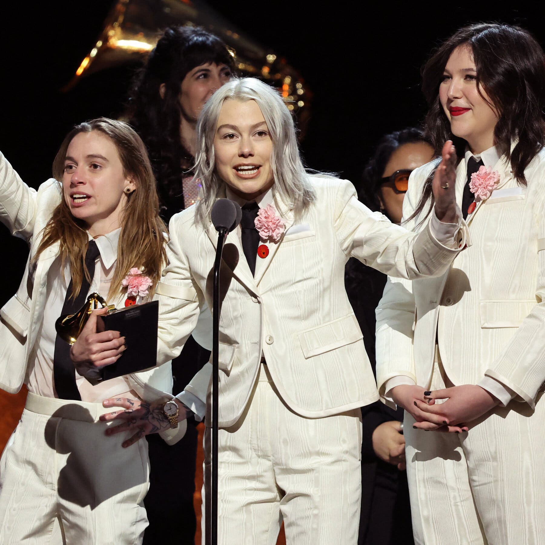 From left: Julien Baker, Phoebe Bridgers and Lucy Dacus of boygenius. The trio won three prizes before the main Grammys ceremony.Credit...Mike Blake/Reuters